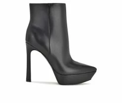 Budget 😀 Women's Nine West Loraa Heeled Platform Booties Black Leather 😉