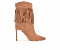Wholesale 🔔 Women's Nine West Tries Heeled Fringe Booties Cognac Suede 🎁